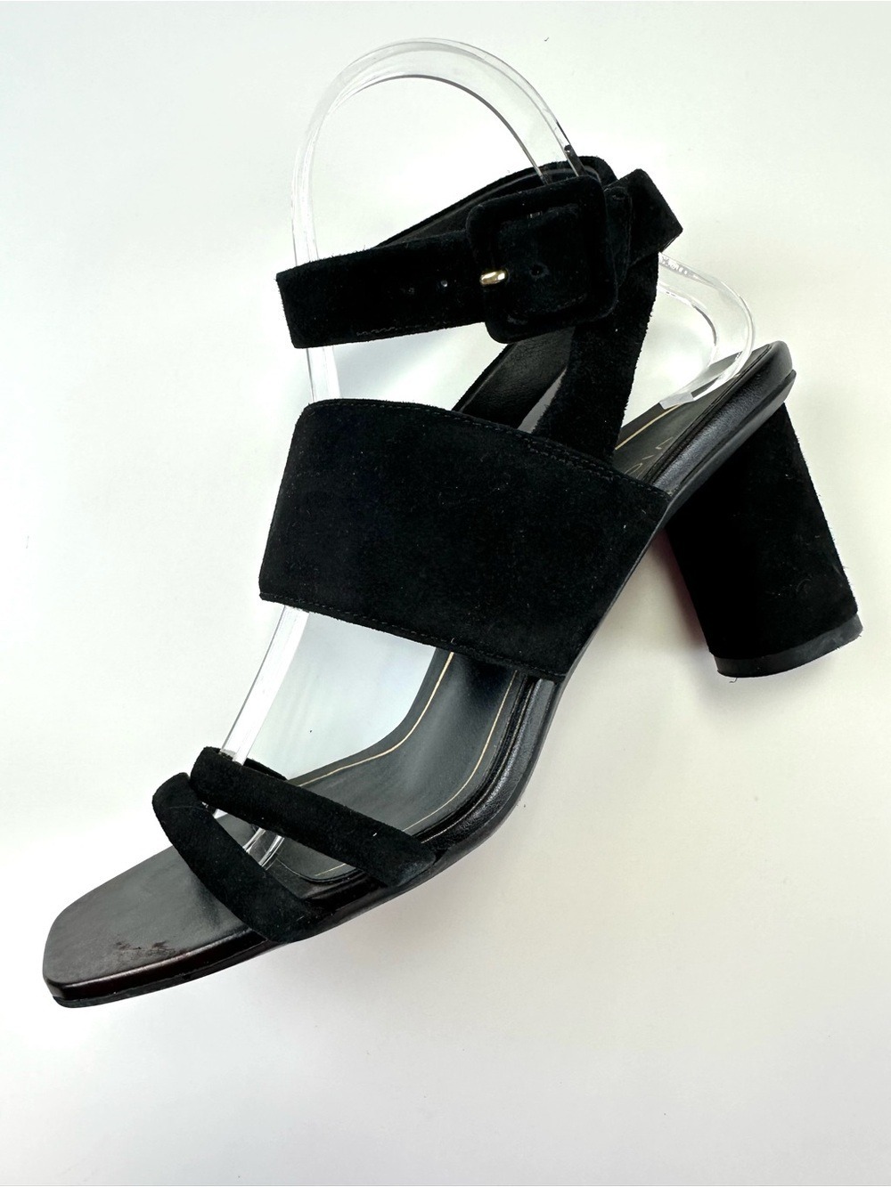 Vionic Black Suede Pillar Heel Sandals Yasmin 7.5 Minimalist Strappy Modern